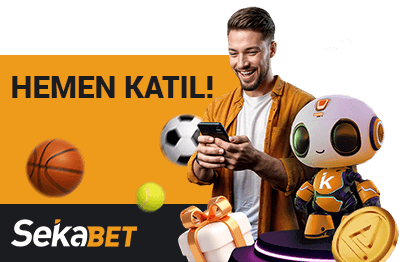 Sekabet hemen katıl yazan CTA, robot, elinde telefon tutan adam, toplar ve hediye paketiyle beraber