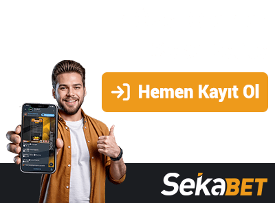 sekabet tanıtım görseli, elinde telefon tutan adam, logo, kayıt ol butonu ile birlikte